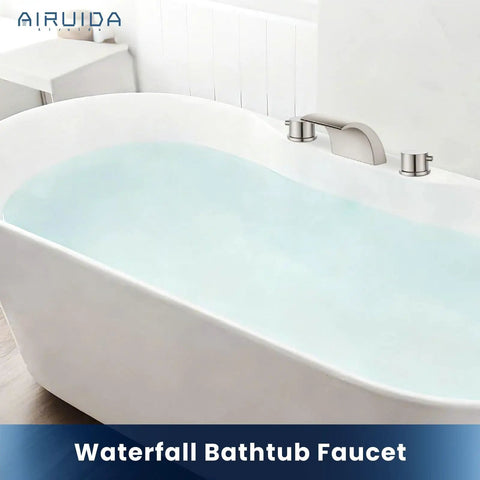 Waterfall Roman Tub Faucet With 3 Hole Widespread Mount, Dual Handle Bath Filler With Brushed Nickel Finish on a bathtub