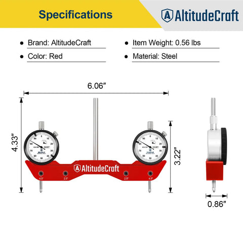 Pro Grade Dope Mill And Lathe Tramming System With Dual 0.001 Inch Dial Indicators, red steel, side view specifications.