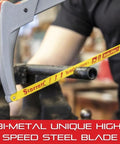 Close-up of Beefy High Tension Hacksaw Frame With Bi-Metal Safe-Flex Blade, 28000 PSI tension in use on a metal pipe