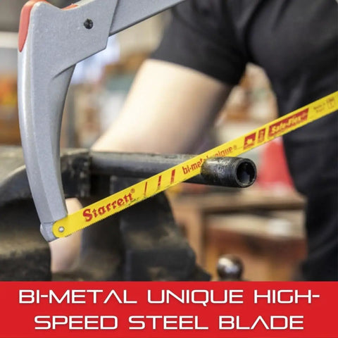 Close-up of Beefy High Tension Hacksaw Frame With Bi-Metal Safe-Flex Blade, 28000 PSI tension in use on a metal pipe
