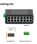 Beefy 16 Port Gigabit PoE Plus Switch With 30W Per Port And 360W Budget Dual Redundant 48 To 57 Volt DC Power Inputs No Throttling Under Full Load Wide Operating Range Minus Forty To Plus Eighty Celsius DIN Rail Ethernet Switch For IP Cameras packing list with switch, user manual, and Phoenix connector.