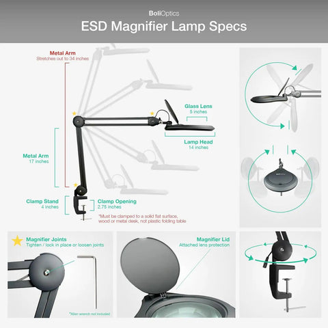 Diagram showing dimensions and features of ESD Safe Glass Lens Magnifying Lamp With Clamp, 8 Diopter Approx 3X Magnification