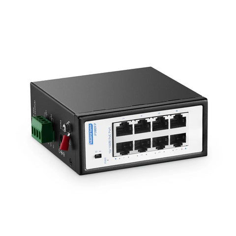 Eight Port Mini PoE Plus Industrial Switch Unmanaged 10/100 Mbps Ethernet with Din Rail and Wall Mount - front view