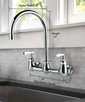 Commercial Wall Mount Kitchen Faucet With 8-Inch Center Gooseneck Swivel Spout, Two Handles, Heavy Duty Brass Chrome Finish, Lead-Free