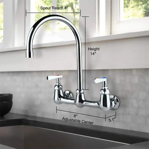 Commercial Wall Mount Kitchen Faucet With 8-Inch Center Gooseneck Swivel Spout, Two Handles, Heavy Duty Brass Chrome Finish, Lead-Free