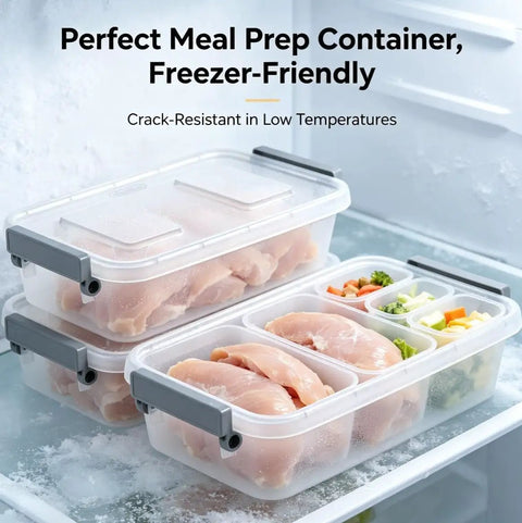 2 Pack Stack Em High Modular Storage Totes With Gray Write-On Lids, BPA Free Clear Plastic Bins Designed To Tame Craft Supplies, Beauty Goods And Keep Your Work Area Snazzy in a freezer.