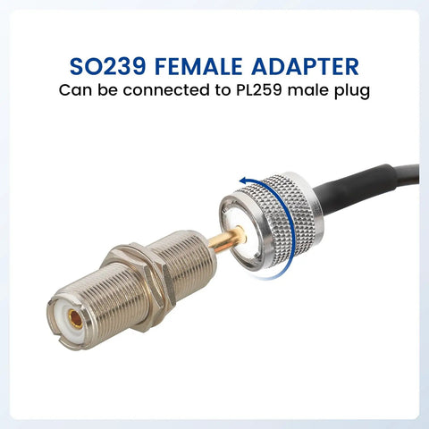 SO239 To SO239 UHF Female Bulkhead Adapter RF Coax Coupler For CB Ham Radio PL259 Plug, two connectors shown connecting.