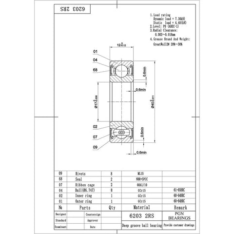 Technical diagram of Four Pack 6203-2RS Bearings with rubber seals lubricated chrome steel, 17x40x12mm, showing detailed specifications.