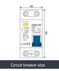 RCD Type A RCBO Residual Current Circuit Breaker 230V AC design with dimensions, safety features, and connection points illustrated.