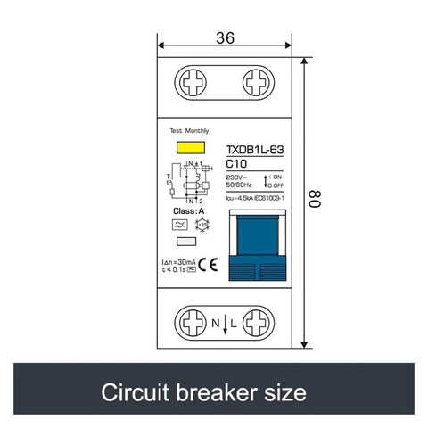 RCD Type A RCBO Residual Current Circuit Breaker 230V AC design with dimensions, safety features, and connection points illustrated.