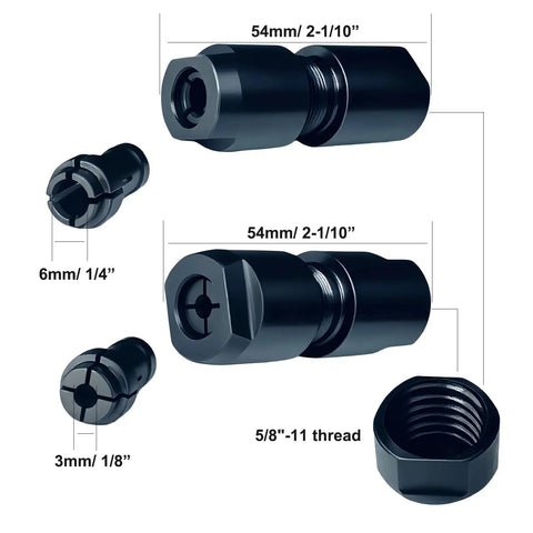 Two Pack Angle Grinder To Straight Chuck Adapter Set With Five Eighths Inch Eleven Thread To Six Millimeter One Quarter Inch And Three Millimeter One Eighth Inch Collets
