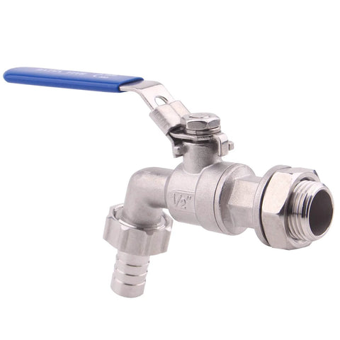 Side view of stainless steel 1/2 in ball valve with blue lever and barb outlet for brewing