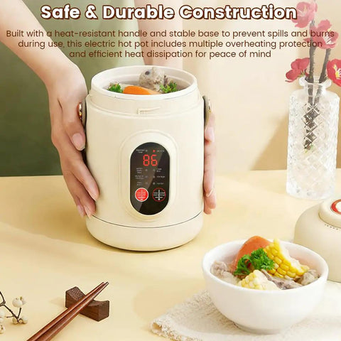 Hands holding Grab And Go 800Ml Capacity 500W Electric Pot Mini Cooker with nine hour keep warm feature, cooking soup.