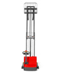 Front view of Top Rated MechMaxx 2640 Lb Lithium Ion Electric Straddle Stacker With 138 Inch Lift Height, adjustable forks and controls.