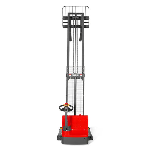 Front view of Top Rated MechMaxx 2640 Lb Lithium Ion Electric Straddle Stacker With 138 Inch Lift Height, adjustable forks and controls.