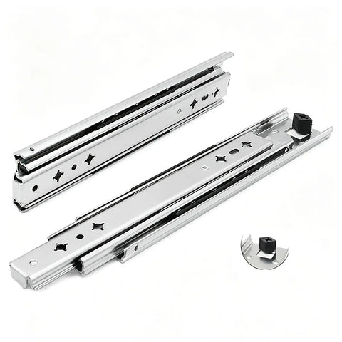 Full Extension Side Mount Drawer Slides With Double Row Ball Bearing Metal Runners For Dressers And Kitchen Cabinets 28 Inch shown in detail.