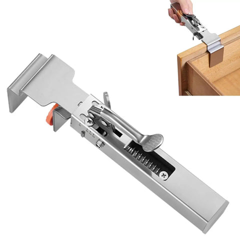 Adjustable Drawer Fixing Clamps Set Front Mount Stainless Steel Hold Down Clips For Cabinets And Desks Easy Install With Adjustable Width Solid Grip 2 Pieces For Secure Fit And Quick Release shown installed on cabinet.