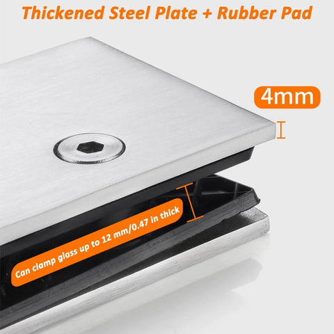 Close-up of glass sliding door track kit clamp showing thickened steel plate and rubber pad for 12mm glass