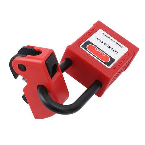 Two Pack Circuit Breaker Lockout Device With Insulated Padlocks For Small And Medium Breakers Ideal For Electrician Maintenance And Industrial Equipment Safe And Easy Lockout That Keeps Your Crew Protected And In Compliance showing red padlock and clamp.