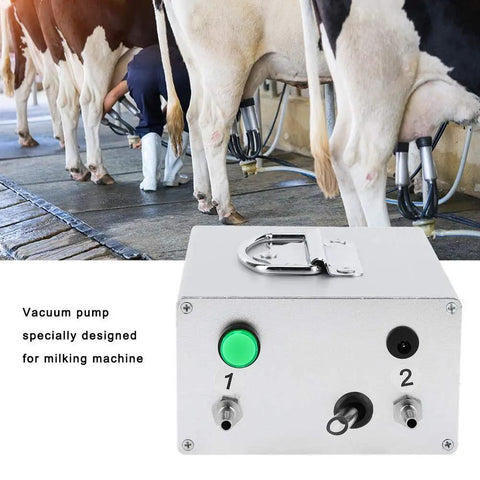 12V Milking Vacuum Pump for Livestock with aluminum shell and pulsing machine, used for dairy farming with cows.