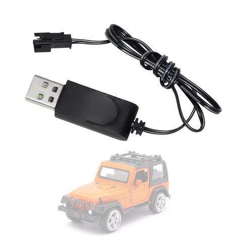 Black USB Charging Cable 3.7V 500mA Output SM2P for RC Cars and Drones Battery Accessory With LED next to a toy car.