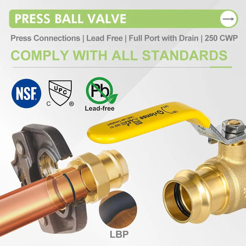 5 Pack 1/2 Inch Press X Press Copper Propress Ball Valves With Drain, shown with cUPC and NSF certifications, yellow handle