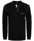 American Made Style Heavy Duty Long Sleeve Fr Work Henley Shirt For Men Built Different 7 Oz Flame Resistant in black with tool pocket.