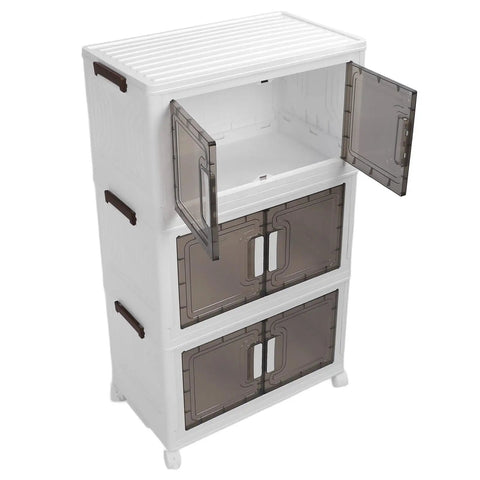 Super Sturdy Folding Storage Bins With Four Rollers For No Sweat Moving Quick Assembly Durable Plastic Bins in three tier set.