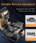 Heavy Duty Fiber Optic Cleaver With Razor Sharp Tungsten Steel Cutting Blade For Ftth Setup Jobs shows dual clamp layout and two fiber holders.