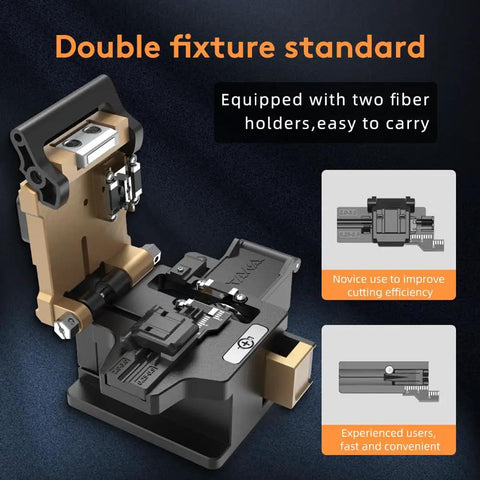 Heavy Duty Fiber Optic Cleaver With Razor Sharp Tungsten Steel Cutting Blade For Ftth Setup Jobs shows dual clamp layout and two fiber holders.