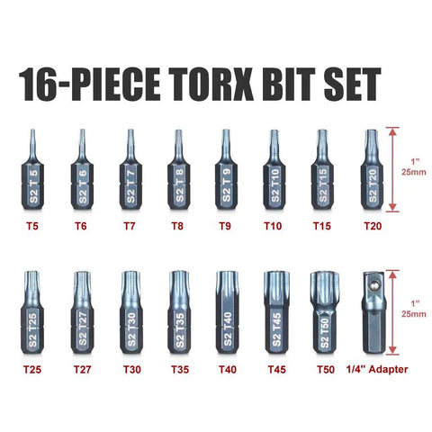 Heavy Duty 16 Piece Security Torx Bit Set T5 To T50 With S2 Steel Construction, Tamper Resistant Star Bits, One Quarter Inch Adaptor