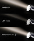 Vision HD Rechargeable LED Flashlight With Digital Focus showing high, low, and safety strobe modes, emitting light beams.