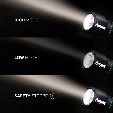Vision HD Rechargeable LED Flashlight With Digital Focus showing high, low, and safety strobe modes, emitting light beams.