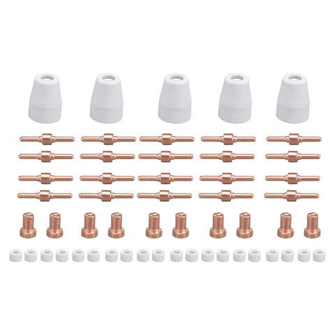65 Piece Plasma Cutting Electrode Tips Kit High Temperature Resistant Ceramic Copper Consumables Replacement For Plasma Cutters Plug And Play Easy Install For CUT50 And Other Models displayed in organized rows.