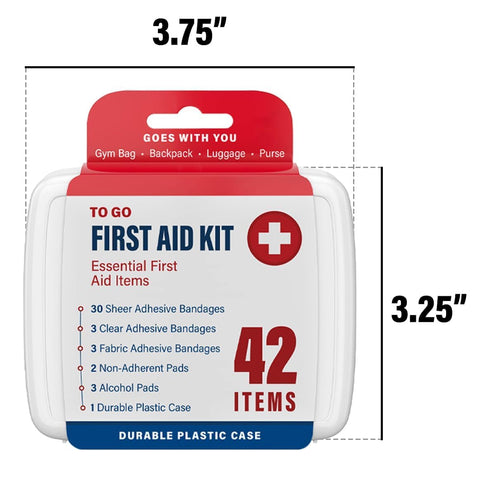 Portable first aid kit with 42 items, compact 3.75x3.25 inch case for gym bags and travel; Massive 4000 Piece First Aid Kit.