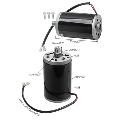Diagram of 90V Brushless Electric Motor 200W 2400RPM with dimensions for small equipment DIY projects, high torque, 330mm wire length.