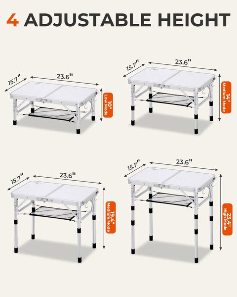 Adjustable Camping Table Folding Lightweight 5Lb Table With Four Height Levels 10 14 19.4 And 23.4 Inches Compact 23.6 By 15.7 Inches