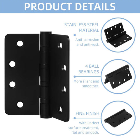 6 Pack Heavy Duty 4 Inch Ball Bearing Door Hinges Stainless Steel Matte Black Built To Last For Left And Right Hand Doors With One Quarter Radius Corners Includes 48 Screws. black stainless steel door hinge detail