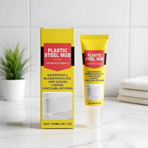 No Sweat Quick Dry Heavy Duty Ceramic Sealant For Bathroom Kitchen Window Door Repair Fast Curing Waterproof Filler in yellow packaging.