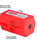 Red industrial grade plug lockout device for lockout tagout, fits 125V power plugs, accommodates 2 padlocks, durable electrical safety