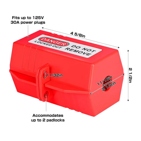 Red industrial grade plug lockout device for lockout tagout, fits 125V power plugs, accommodates 2 padlocks, durable electrical safety