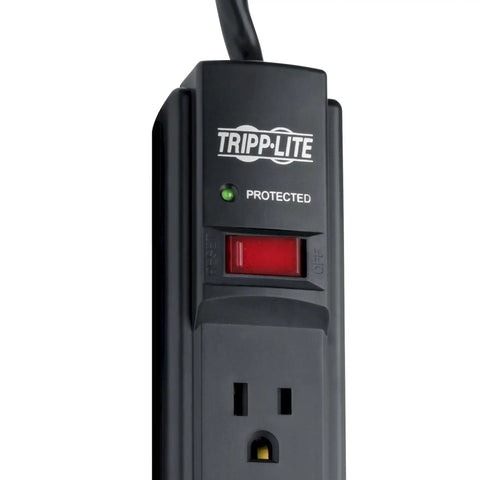 Close-up of Six Outlet Surge Protector Power Strip With Six Foot Extension Cord Delivers 900 Joules Of Surge Protection, black.