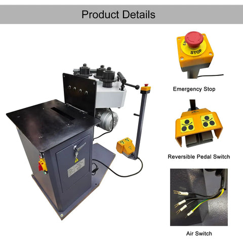 Heavy Duty Electric Ring Roll Bender For Steel Fabrication, 220V 1.1kW Motor with emergency stop and reversible foot switch.