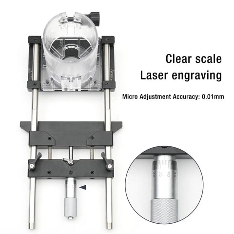 Pro Grade Aluminum Router Fluting Jig With.01mm Precision, 0 To 18mm Adjustment Range, 65mm Length, top view with clear scale