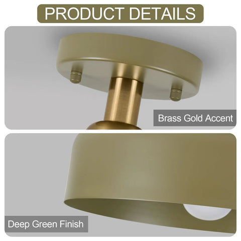 Modern Flush Mount Ceiling Light Fixture With Matte White Dome Shade, 11.8 Inches, Brass Gold Accent, Deep Green Finish