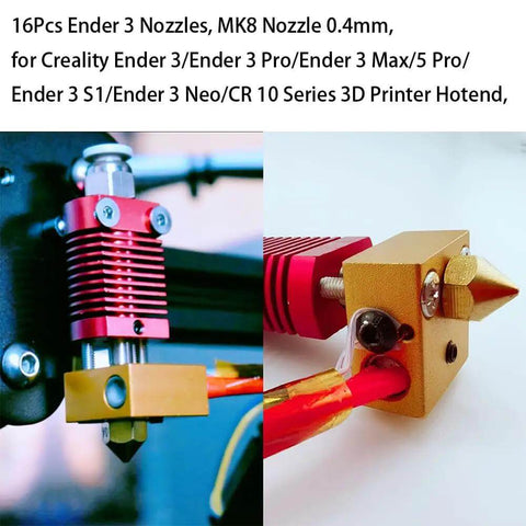 16Pcs 0.4mm MK8 Brass Ender 3 Nozzle Set For 3D Printers Including Ender 3 V2 Pro Max S1 Neo CR10 Series installed on printer