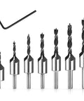 Seven Piece Three Point Countersink Drill Bit Set Featuring Adjustable Depth Lock And Rugged Hex Chucker High Carbon Steel Spirals, 7 bits displayed.