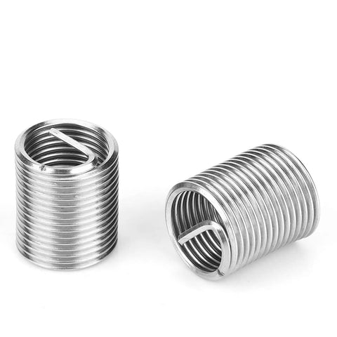 Close-up of stainless steel helical inserts from 15-Piece M14x1.5 Stainless Steel Helical Thread Repair Insert Kit With Tools.