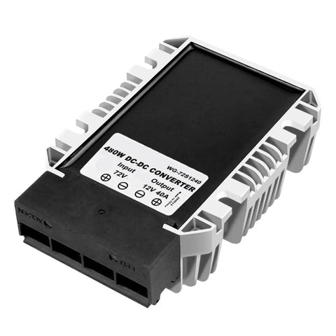 Heavy Duty Dc Dc Converter Step Down 18 To 90 Volt To 12 Volt 40 Amps Voltage Regulator with black and white casing for eBikes and boats.