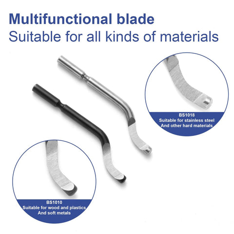 Close-up of Pro Grade Deburring Tool Set with 10 High Speed Steel Replaceable Blades for metal and plastic materials.